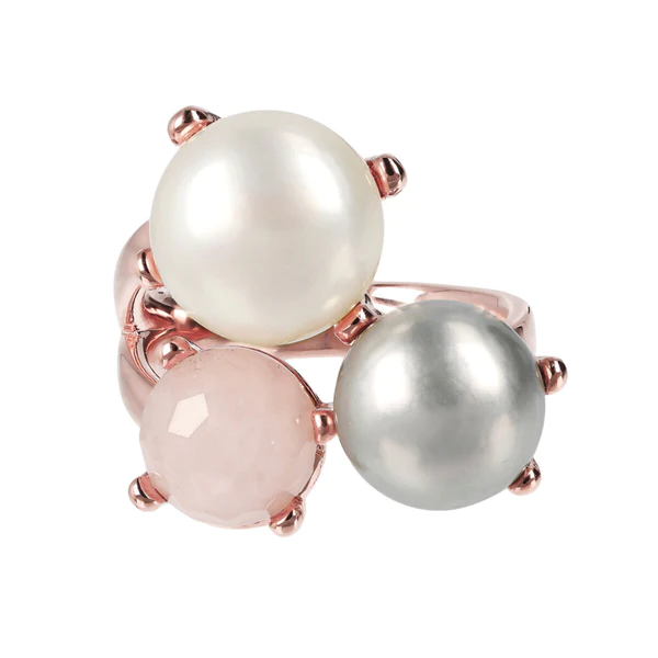 Bronzallure Rose Quartz Freshwater Pearl Triology Ring Size 6.75