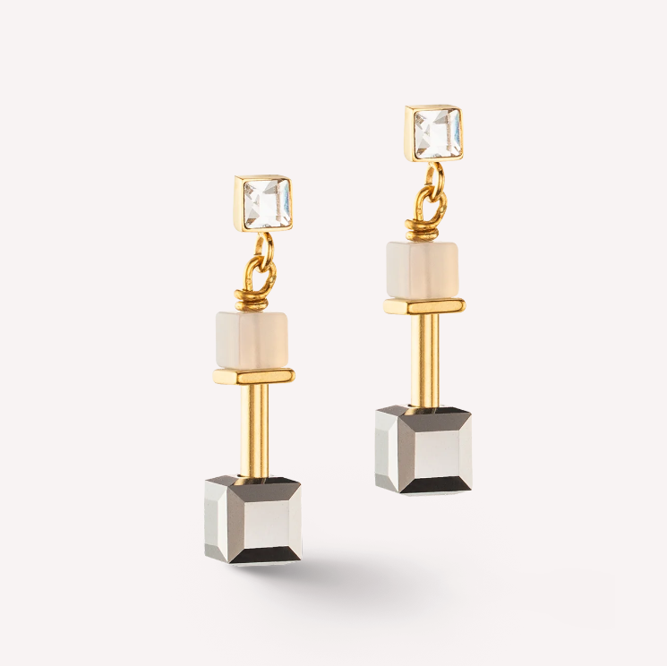 Coeur De Lion GeoCUBE Gold Grey Precious Slider Closure Earrings