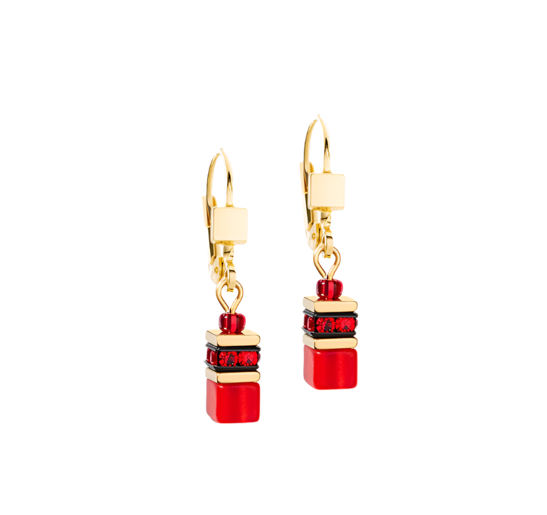 Coeur De Lion GeoCube Gold and Red Drop Earrings