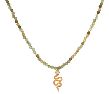 NG0137-L14 SAT Gld  Grn Garnet Snake Choker Necklace