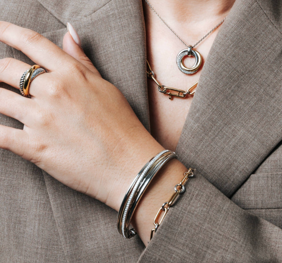 Ti Sento Two Tone Pavé Four Band Hinged Bangle