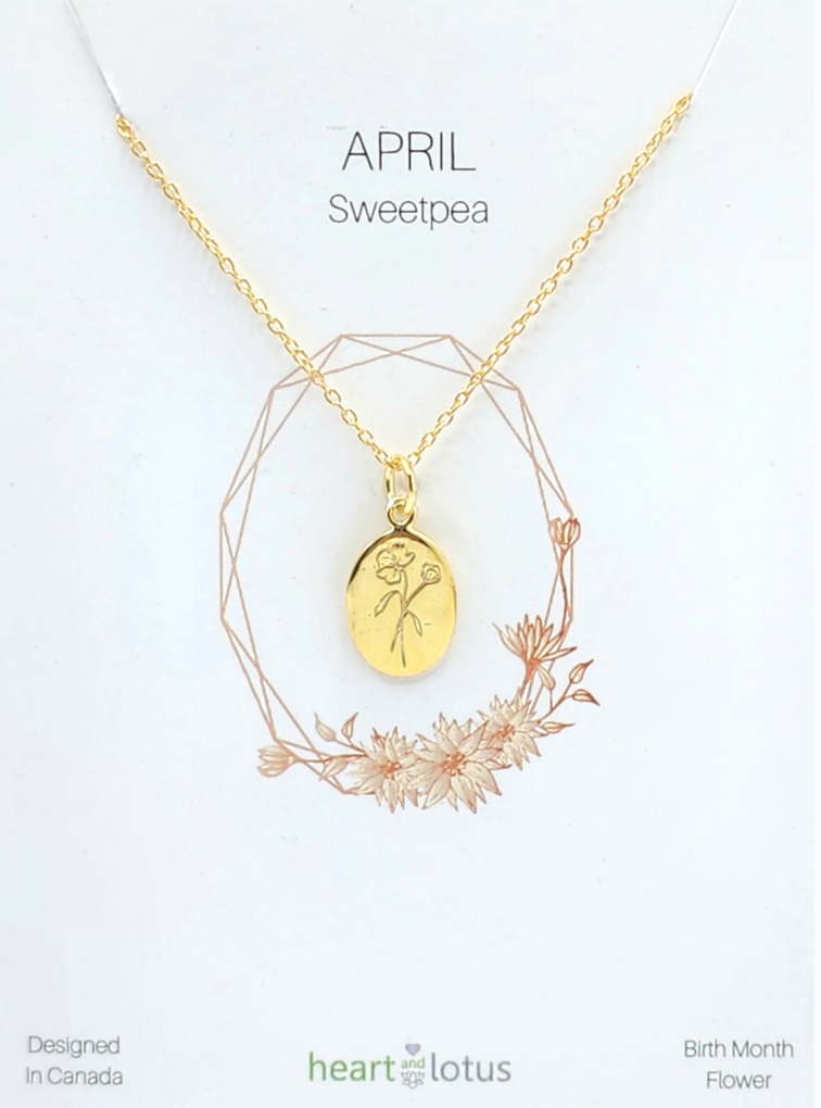 Heart And Lotus Gold Sweetpea April Birthflower Necklace