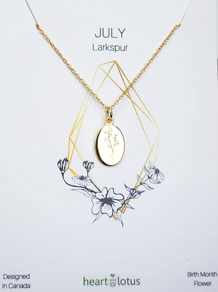 Heart And Lotus Gold Larkspur July Birth Flower Necklace
