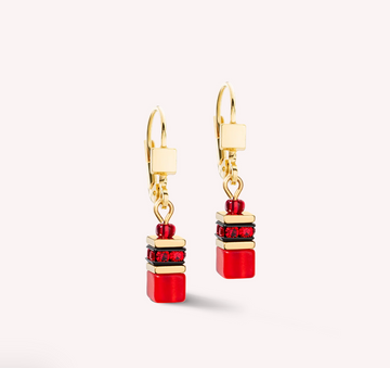 Coeur De Lion GeoCube Gold and Red Drop Earrings