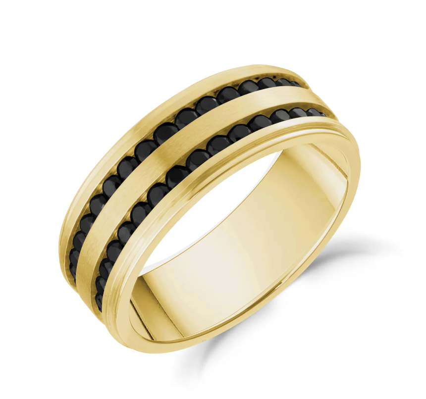 ARZ Steel Gold Double Row Black Stone Band Size 10