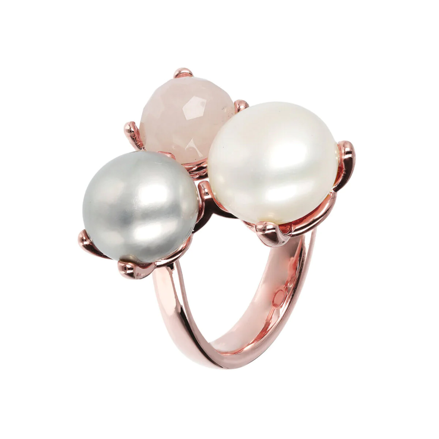 Bronzallure Rose Quartz Freshwater Pearl Triology Ring Size 6.75