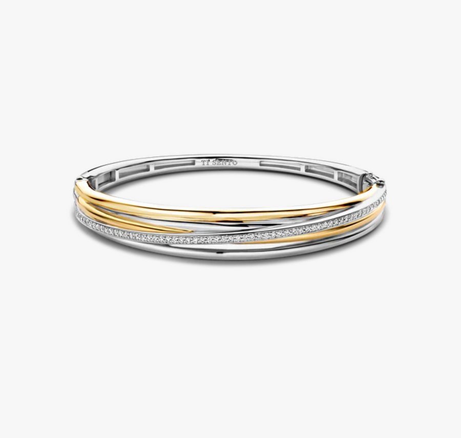 Ti Sento Two Tone Pavé Four Band Hinged Bangle