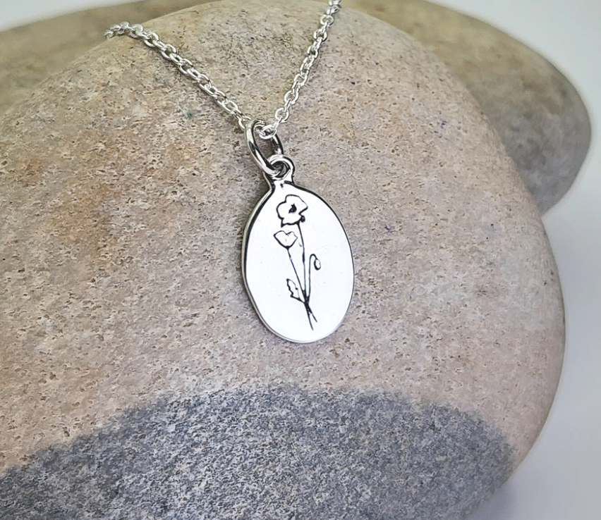 Heart And Lotus Silver Poppy August Birth Flower Necklace