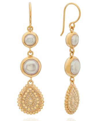 Anna Beck Gold Pearl Scalloped Tri Drop Earrings