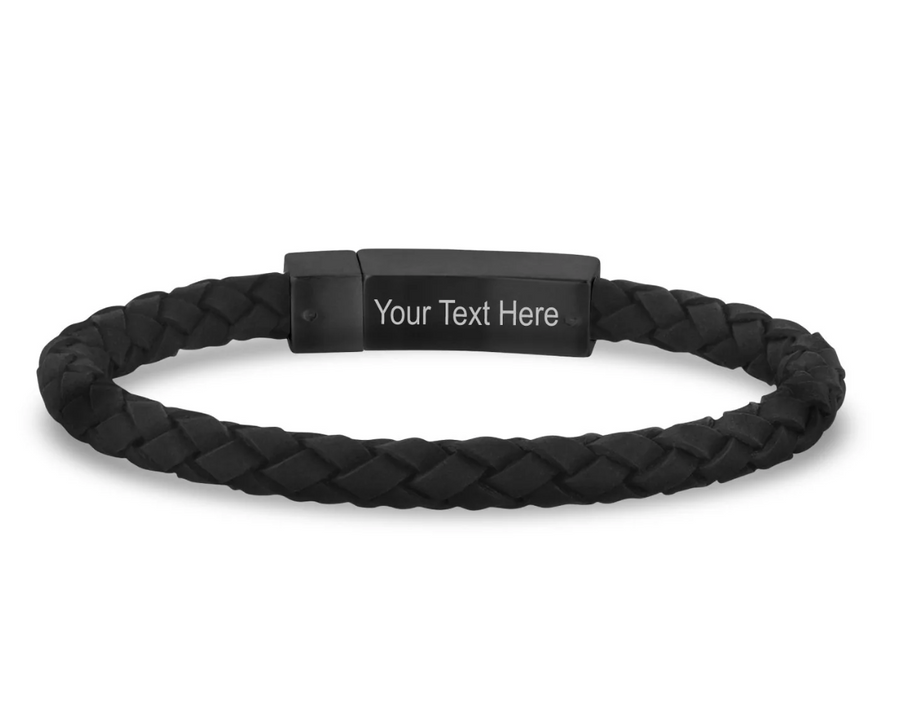 A.R.Z Steel 6mm Black Leather Bracelet 7.5 Inches