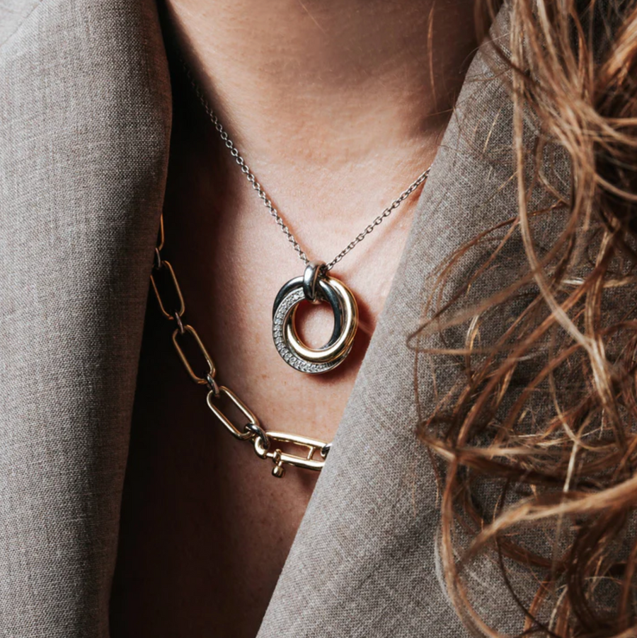 Ti Sento Two Tone Pavé Interplay Pendant Necklace
