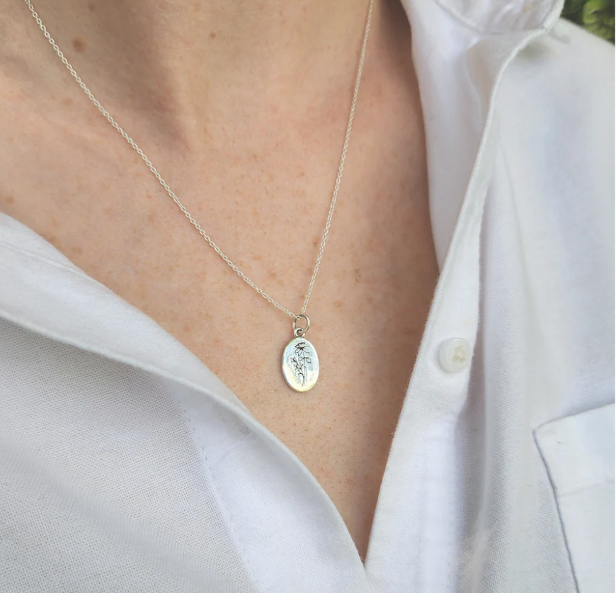 Heart And Lotus Silver Poppy August Birth Flower Necklace