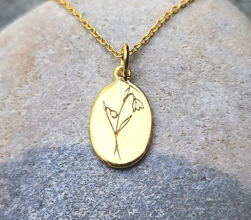 Heart And Lotus Gold Snowdrop January Birthflower Necklace