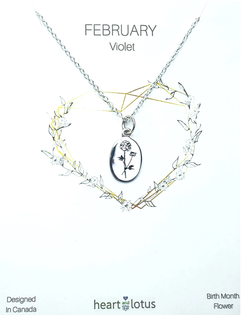 Heart And Lotus Silver Violet February Birthflower Necklace
