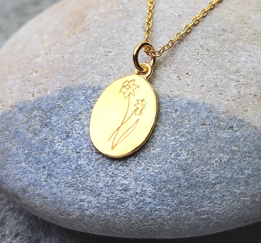 Heart And Lotus Gold Daffodil March Birth Flower Necklace