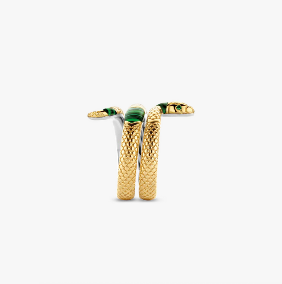 Ti Sento Gold and Green Coiled Snake Ring Size 7