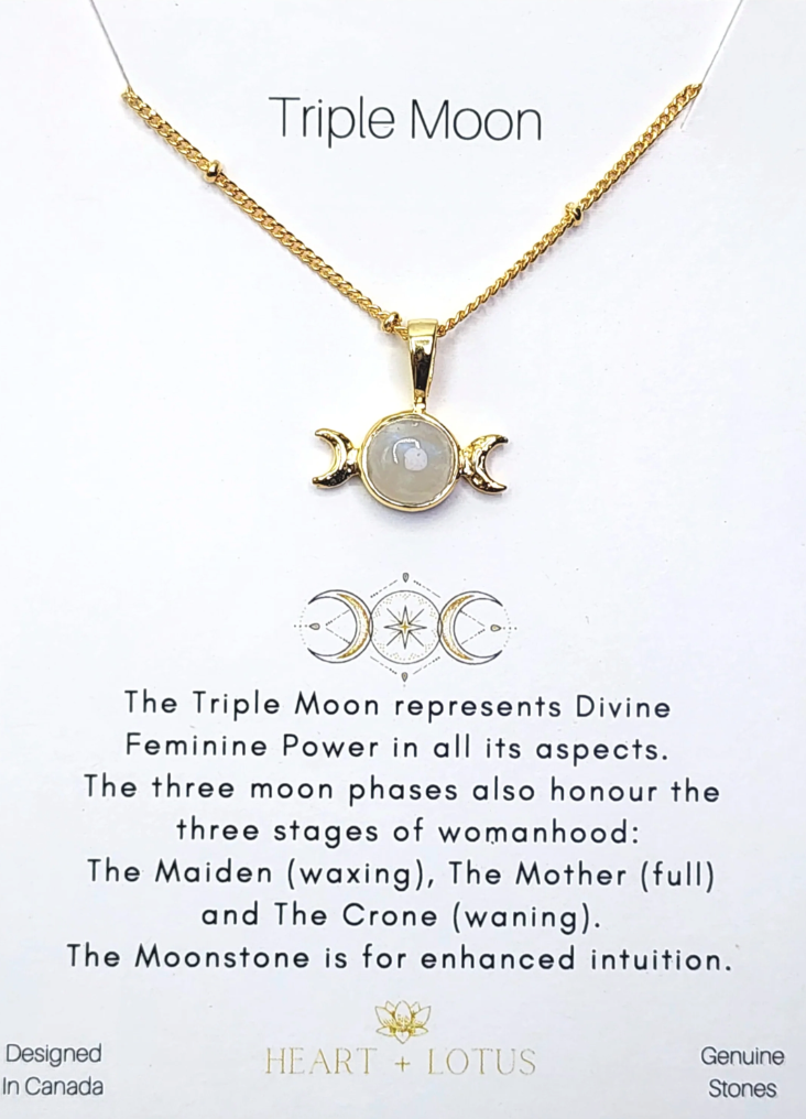 Heart And Lotus Gold Triple Moon Moonstone Necklace