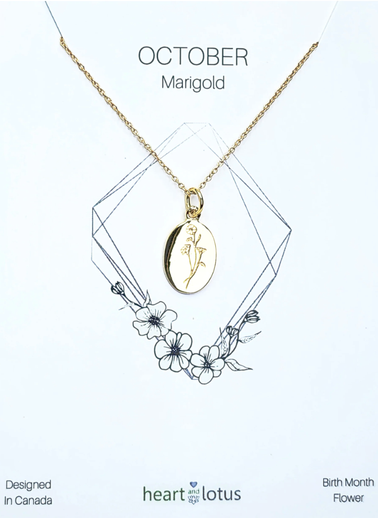 Heart And Lotus Gold Marigold October Birthflower Necklace