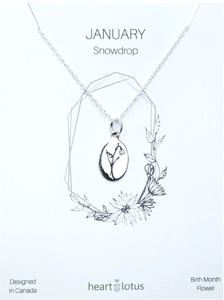 Heart And Lotus Silver Snowdrop January Birthflower Necklace