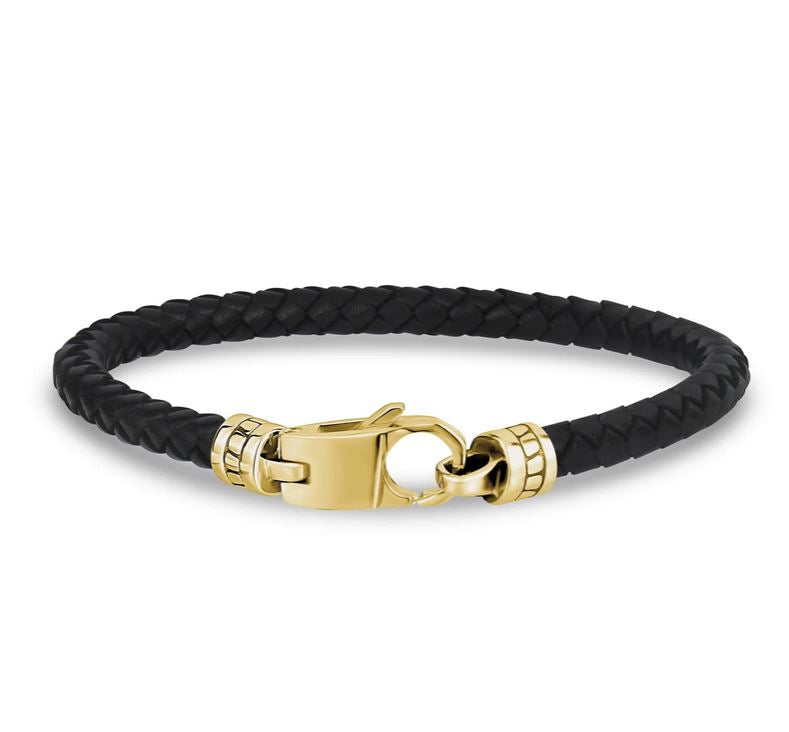 ARZ Steel Gold Clasp Black Leather Bracelet 8