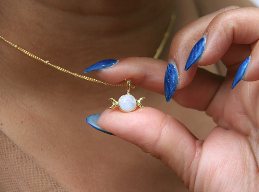 Heart And Lotus Gold Triple Moon Moonstone Necklace