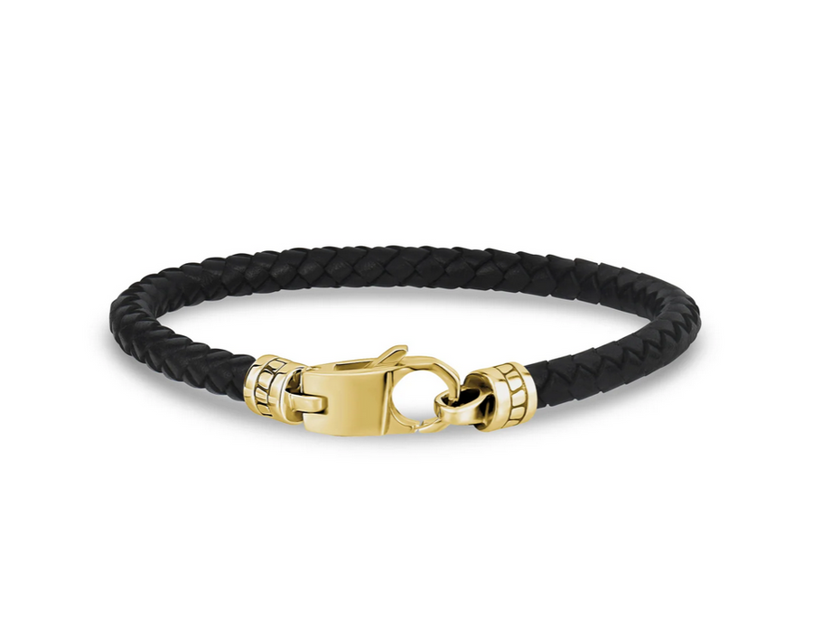 ARZ Steel 5mm Black Leather Gold Clasp Bracelet 7.5