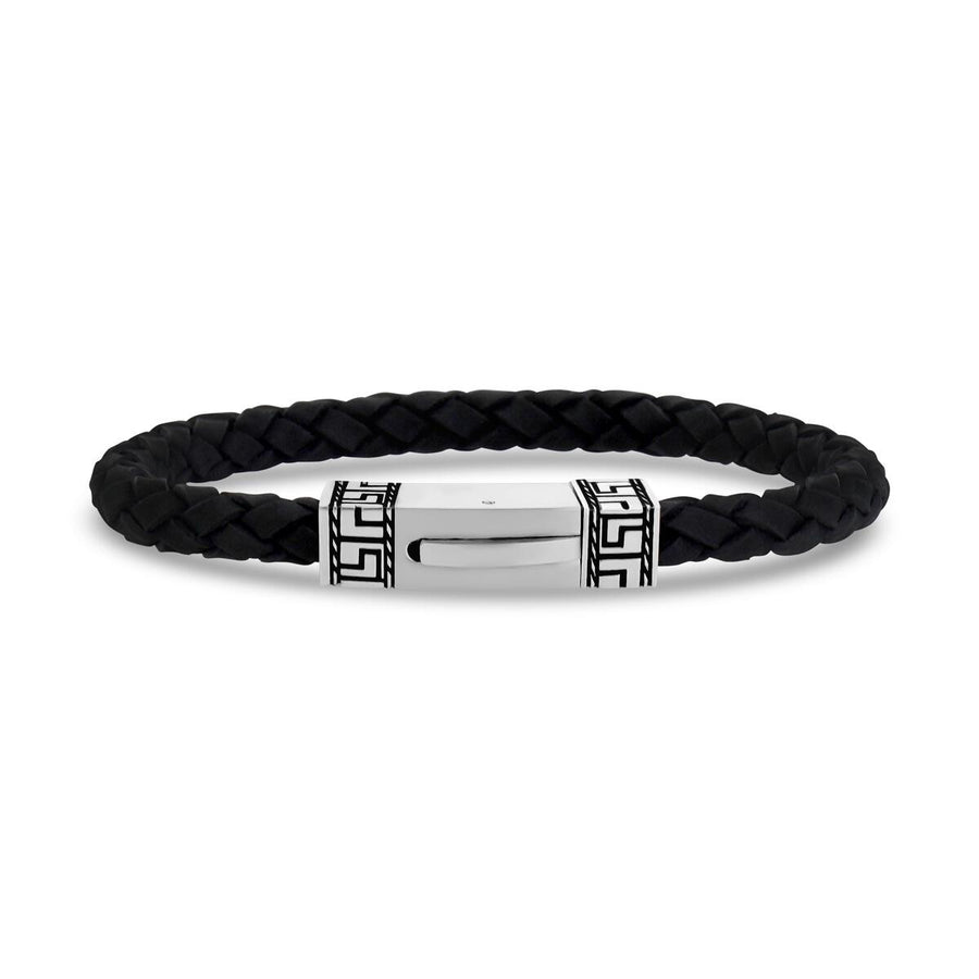 ARZ Steel Greek Key Black Leather Bracelet 8