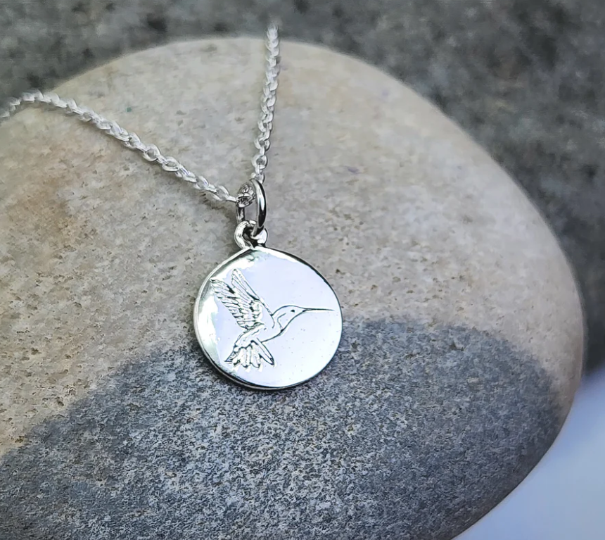 Heart And Lotus Silver Hummingbird Necklace