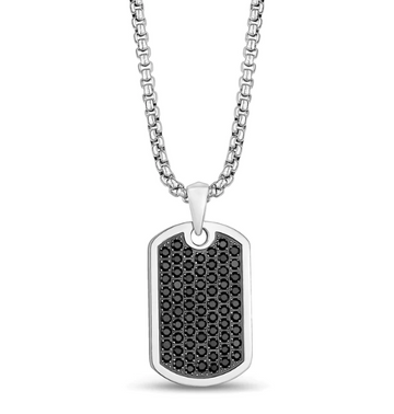 ARZ Steel Black Stones Dog Tag Necklace 20 Inches