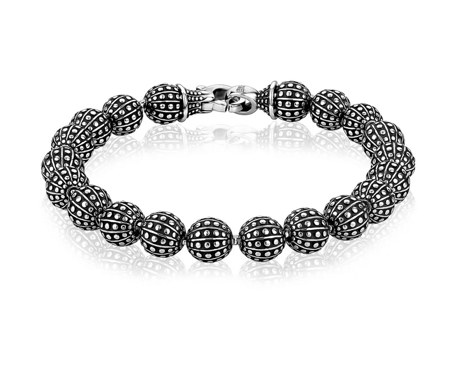 A.R.Z Steel 8mm Stainless Steel Detailed Bead Bracelet 8 Inches