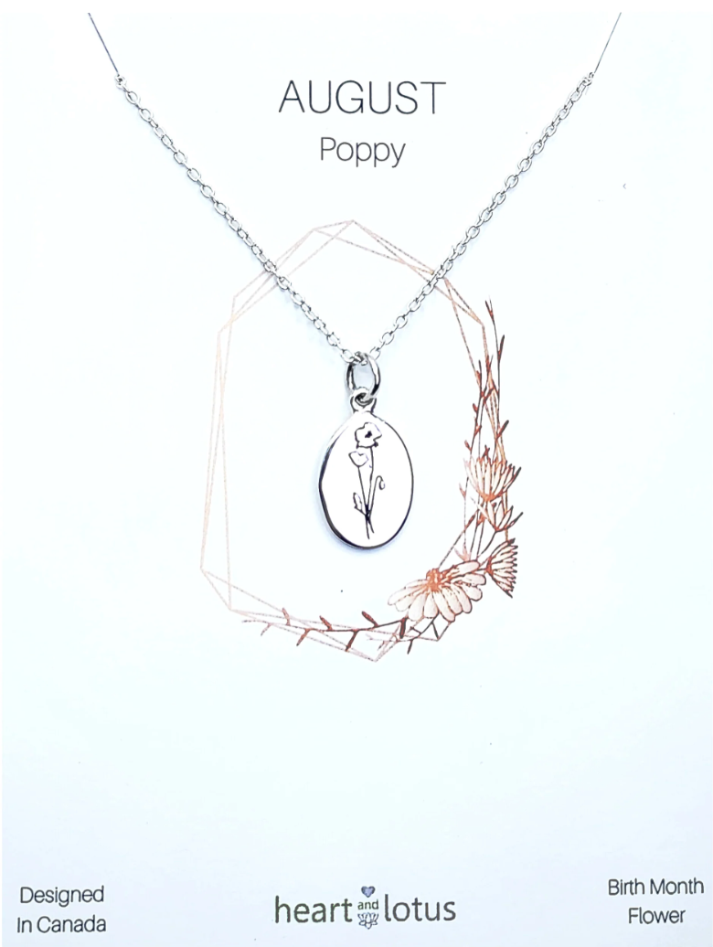 Heart And Lotus Silver Poppy August Birth Flower Necklace