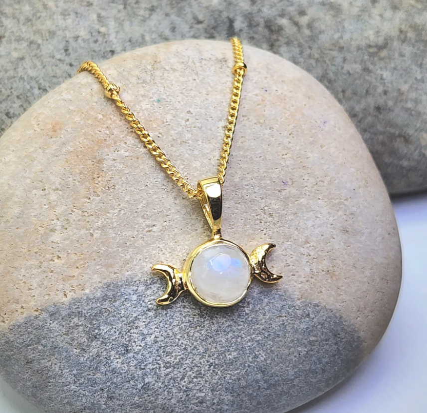 Heart And Lotus Gold Triple Moon Moonstone Necklace