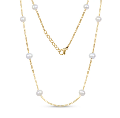 ARZ Steel Gold Pearl Station Necklace
