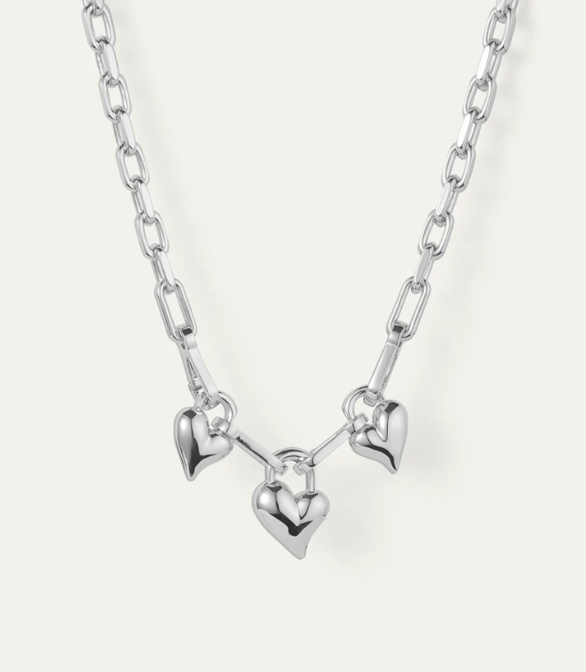 Jenny Bird Silver Padlock Triple Heart Pendant Necklace