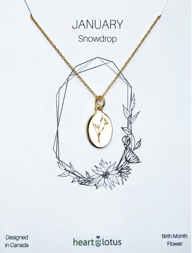 Heart And Lotus Gold Snowdrop January Birthflower Necklace