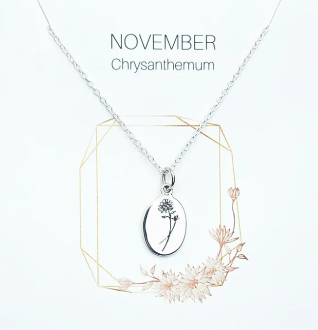 Heart And Lotus Silver Chrysanthemum Nov Birthflower Necklace