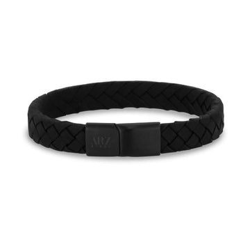 ARZ Steel 10mm Woven Black Leather Bracelet 7.5