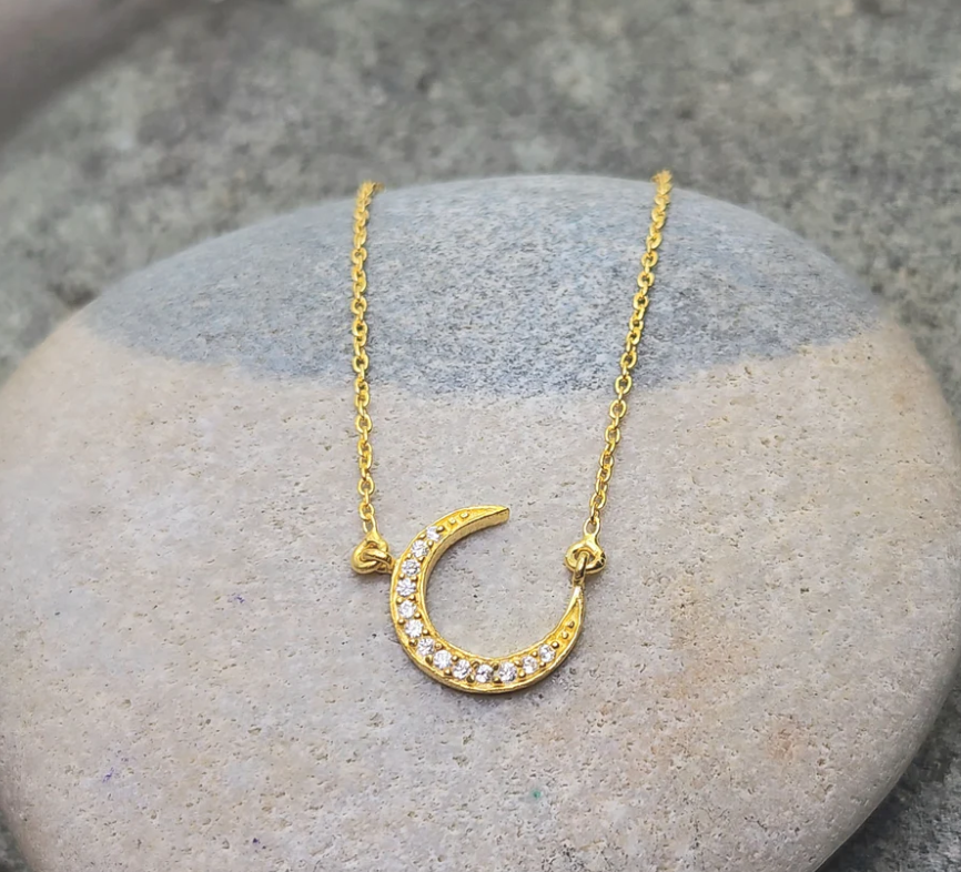 Heart And Lotus Gold Crescent Moon Crystal Necklace
