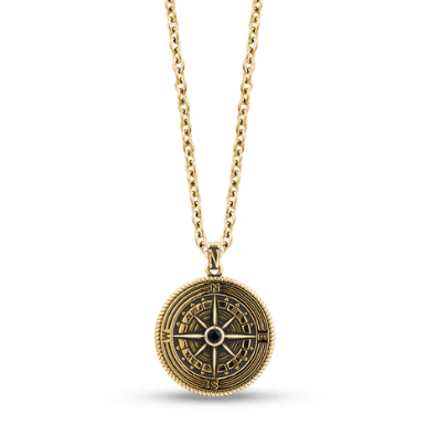 ARZ Steel Gold Stone Set Compass Pendant 26