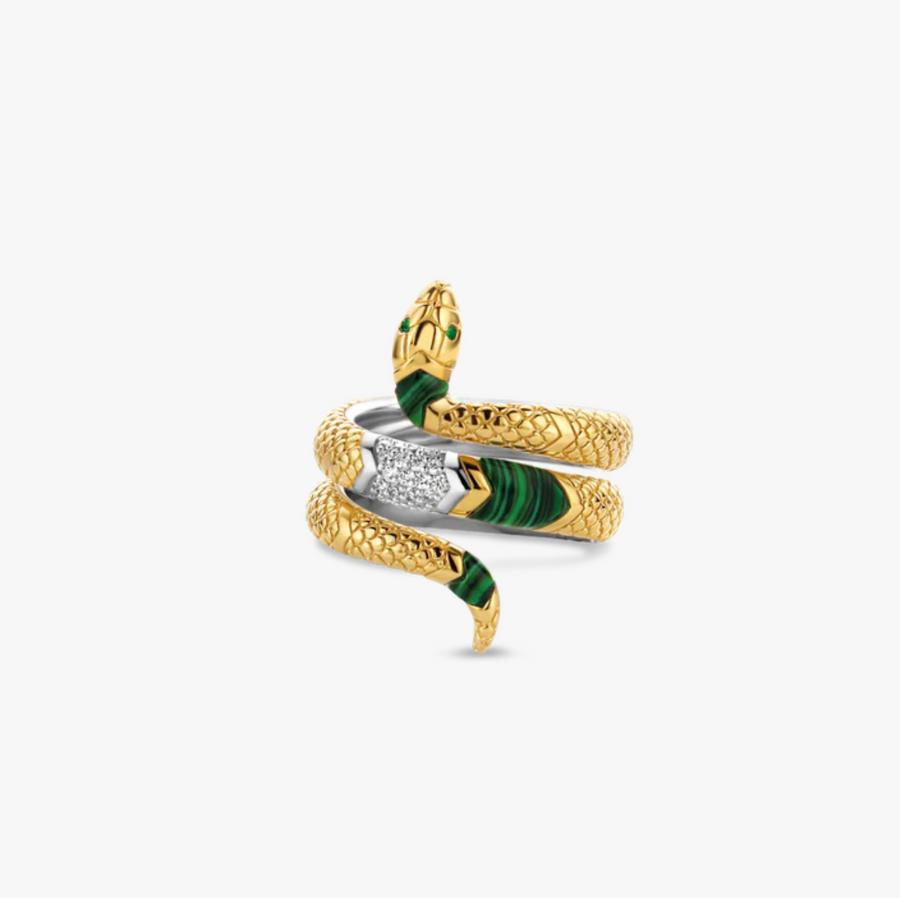 Ti Sento Gold and Green Coiled Snake Ring Size 7