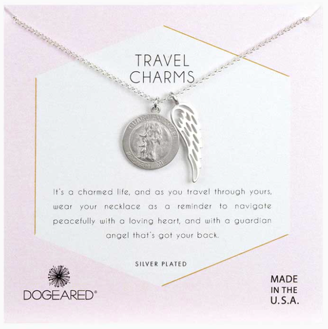 DOGEARED TRAVEL CHARMS, GUARDIAN ANGEL and OPEN WING SILVER NECKLACE