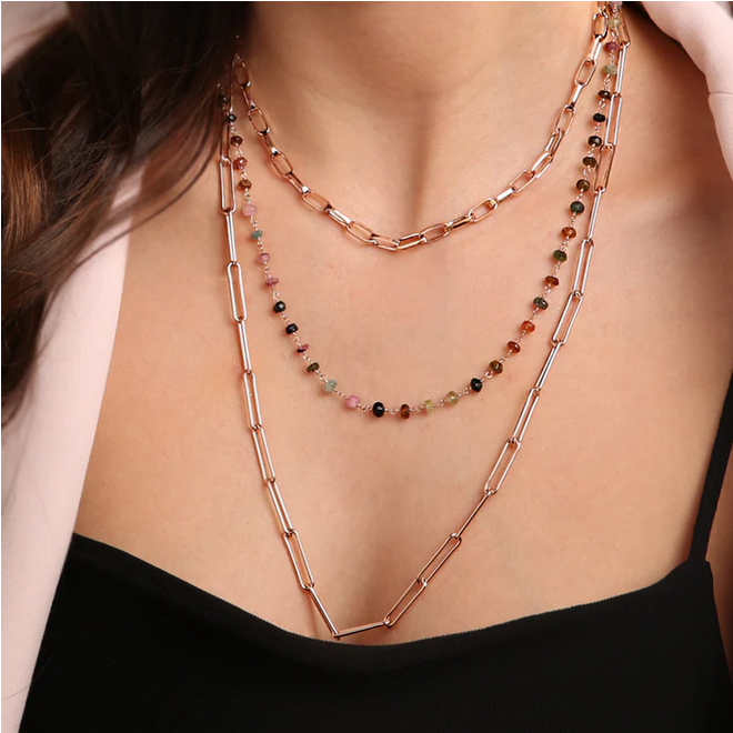 Bronzallure Three Strand Paperclip Semi Precious Necklace